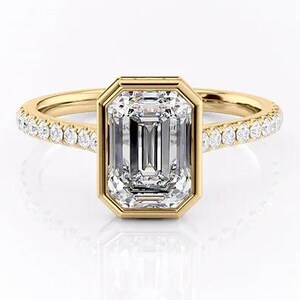 Emerald Cut Hidden Halo Engagement Ring for Women, Emerald Cut Lab Grown Diamond Bezel Set Pave Ring, Wedding Ring for Her, Anniversary Gift