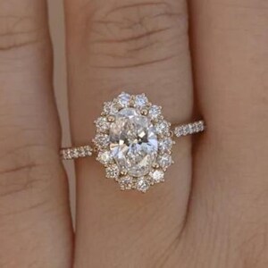 Pierścionek zaręczynowy z brylantem o szlifie owalnym 2,0 CT, pierścionek z brylantem hodowanym w laboratorium DE/VS1 Halo, obrączka z oprawą Pave, prezent rocznicowy dla niej