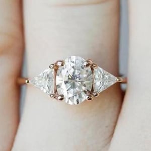 Oval Diamond Three Stone Engagement Ring with Prong Set Band, Side Triangle Diamonds Wedding Ring, Lab Grown Diamond Ring, Anniversary Gifts