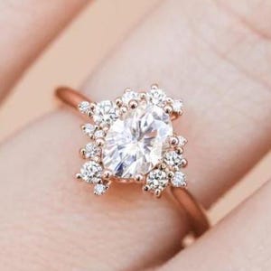 Oval Diamond Cluster Engagement Ring with Halo Ring, Lab Grown Diamond Wedding Ring, Oval Diamond Ring for Women, Anniversary Gift Ring Her