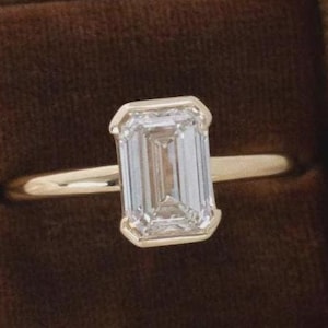 Emerald Cut Diamond Solitaire Engagement Ring, Lab Grown Diamond Ring, Anniversary Gifts for Women, Half Bezel Ring for Her, Handmade Ring