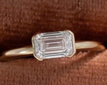 Emerald Cut Diamond Engagement Ring, East to West Set Lab Grown Diamond Band , IGI Certified DE/VS1 Diamond Ring, Wedding Band for Women