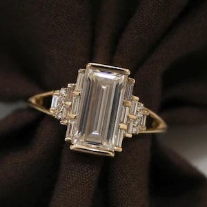 Baguette Cut Lab Grown Diamond Engagement Ring, Unique Ring for Women, IGI Certified Spilt Shank Bezel Setting Anniversary Gift Ring For Her