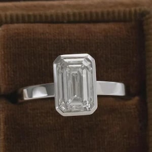 Emerald Cut Diamond Bezel Set Engagement Ring, Lab Grown Diamond Ring, Anniversary Gifts for Women, Thin Band Custom Ring, Handmade Ring Her