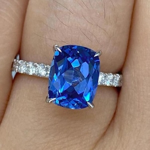 Blue Cushion Diamond Solitaire Ring, Elongated Cushion Lab Grown Diamond Ring, Hidden Halo Pave Set Engagement Ring, Anniversary Gift Ring