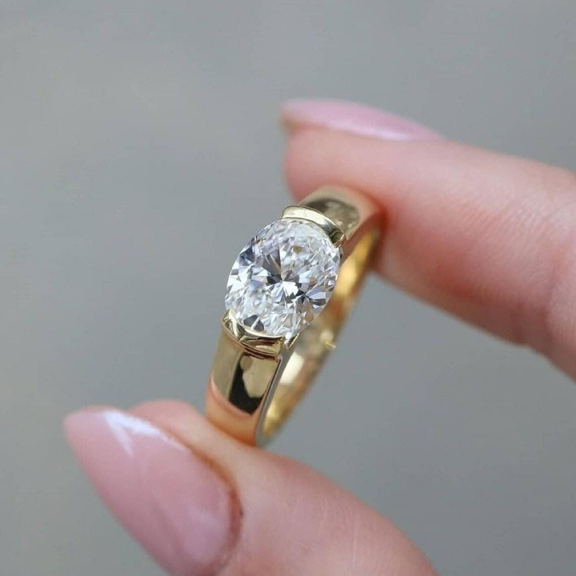 Oval Lab Grown Diamond Engagement Ring, DE/VSS2 Lab Created Diamond With Half Bezel Setting, East to West Set, Solitaire Thin Wedding Band