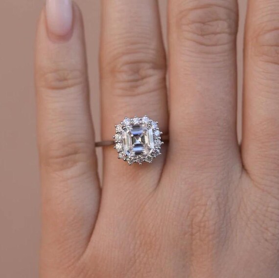 Asscher Cut Lab Grown Diamond Halo Engagement Ring, Prong Set