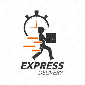 Op de afbeelding: Een zwart en oranje express bezorglogo. Het logo toont een rennende figuur met een pakket, een stopwatch en de woorden "EXPRESS DELIVERY" in een vetgedrukte lettertype.