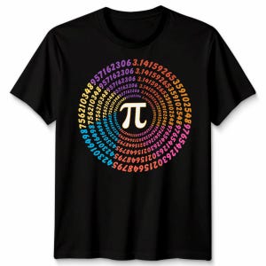 May include: Black t-shirt with a Pi-themed design. The design features the Pi symbol and a circular arrangement of numbers, with a gradient of colours from purple to orange. The t-shirt is a standard crew neck.