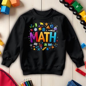 May include: Black sweatshirt featuring the word "MATH" in vibrant, 3D lettering. The design incorporates math-themed icons such as clocks, books, and geometric shapes. The sweatshirt is adorned with colourful stars and shapes, ideal for a student.