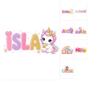 May include: A digital graphic featuring the name ISLA in large, colourful, rounded letters with a heart and daisy accents, accompanied by a cartoon unicorn holding a gold star. Additional name designs with various characters are shown on the right.