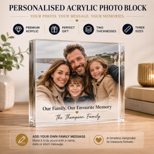 May include: A rectangular clear acrylic photo block featuring a printed photograph of a family of four. The text "Our Family, Our Favourite Memory" and "The Thompson Family" is printed at the bottom of the block. The block is thick and transparent.