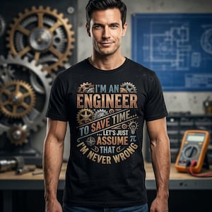 May include: A black short-sleeved t-shirt featuring a graphic print with gears and the text: I'M AN ENGINEER TO SAVE TIME... LET'S JUST ASSUME THAT I'M NEVER WRONG. The design includes a lightbulb icon, a compass, and the mathematical symbol pi.