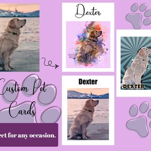 Personalised Pet Portrait Greeting Cards Custom Pet Portrait Watercolour Pet Cartoon Effect Digital Paint Effect Birthday Pet Cards Dog