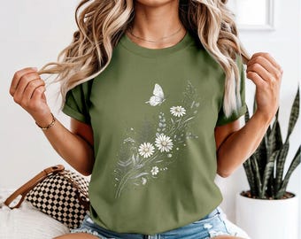 Womens Wildflower Butterfly T Shirt: Boho Cottagecore Floral Nature Top