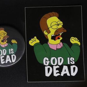 May include: A yellow cartoon character with a mustache and glasses is yelling "GOD IS DEAD". The character is wearing a green sweater and a pink shirt. The image is on a black background.