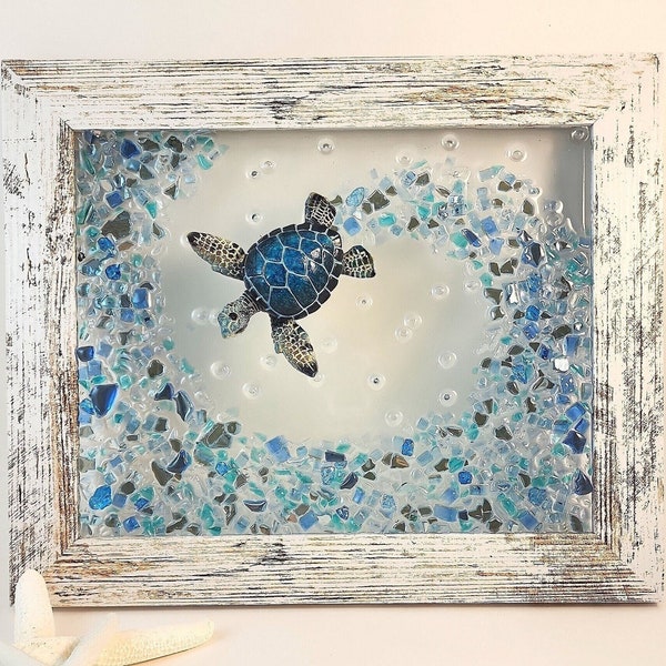 Blue Sea Turtle & Crushed Glass Wave , 8" x 10" Distressed White or White Frame , Crushed Glass Art, Resin, Beach Wall Art Decor, Suncatcher