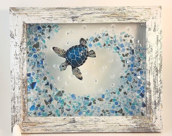 Blue Sea Turtle & Crushed Glass Wave , 8" x 10" Distressed White or White Frame , Crushed Glass Art, Resin, Beach Wall Art Decor, Suncatcher