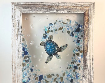 Blue Sea Turtle & Crushed Glass Wave , 8" x 10" Distressed White or White Frame , Crushed Glass Art, Resin, Beach Wall Art Decor, Suncatcher