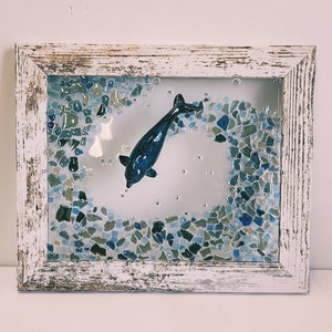 Blue Dolphin Crushed Glass Wave , 8" x 10" Distressed White or White Frame , Crushed Glass Art, Resin, Beach Wall Art Decor, Suncatcher