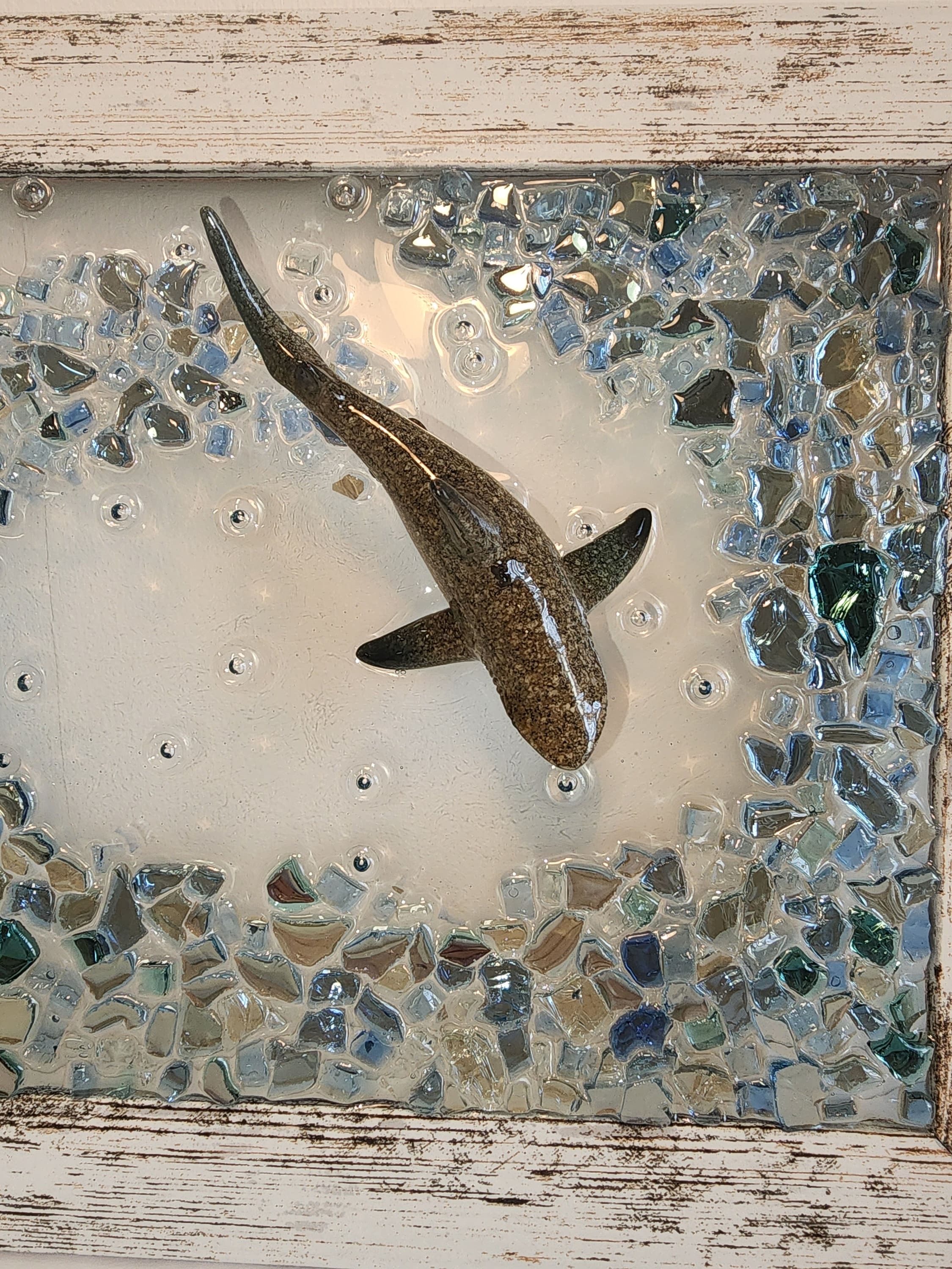 Crushed Glass Wave Art: Shark Resin Suncatcher in Distressed White