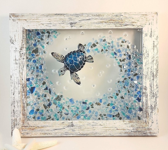 Crushed shattered glass mermaid  Turtle wall art, Glass art, Sea glass art