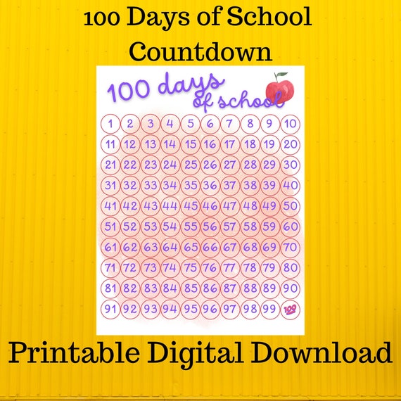 100 Days of School Countdown Printable Digital Download Back - Etsy