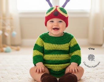CROCHET PATTERN | Baby Caterpillar Costume, Hat and Romper, Photo Prop, Halloween Outfit, Shower Gift, PDF Download | Sizes 0–12 Months
