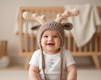 CROCHET PATTERN Baby Moose Bonnet and Booties Outfit, Photo Prop, Halloween Costume, Shower Gift, PDF Download | Sizes 0–12 Months