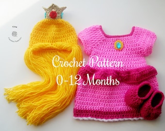 CROCHET PATTERN - Baby Princess Peach Dress Outfit, Photo Prop, Halloween Costume, Sizes 0-12 Months