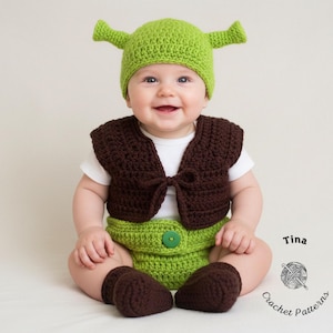 May include: A crochet outfit consisting of a lime green hat with two protruding ear-like shapes, a dark brown vest with a front tie, lime green diaper cover with a single green button, and dark brown booties. The text Tina Crochet Patterns is visible.