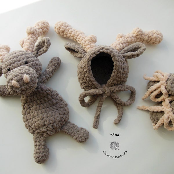 CROCHET Moose PATTERN - Moose Plush Baby Bonnet, Booties and Toy Set | Deer Photo Prop | Easy Crochet Pattern | Sizes Newborn - 12 Months
