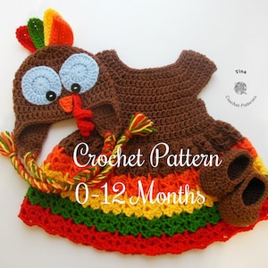 CROCHET PATTERN - Turkey Hat, Dress and Shoes Outfit | Baby Girl Photo Prop | Thanksgiving Day Halloween Costume | Sizes Newborn - 12 months