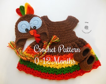 CROCHET PATTERN - Turkey Hat, Dress and Shoes Outfit | Baby Girl Photo Prop | Thanksgiving Day Halloween Costume | Sizes Newborn - 12 months