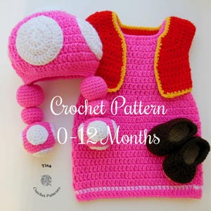 VIRKMÖNSTER | Baby Toadette-outfit: Mössa, Klänning, Väst, Skor, Fotorekvisita, Halloween-dräkt, Duschgåva, Engelska PDF | Storlekar 0–12 månader