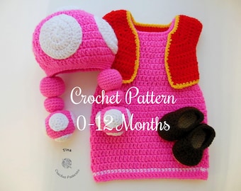 CROCHET PATTERN | Baby Toadette Outfit: Hat, Dress, Vest, Shoes, Photo Prop, Halloween Costume, Shower Gift, English PDF | Sizes 0–12 Months