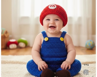 CROCHET PATTERN | Baby Mario Outfit, Romper, Booties, Hat, Photo Prop, 1st Halloween Costume, Shower Gift, PDF Download | Sizes 0–12 Months