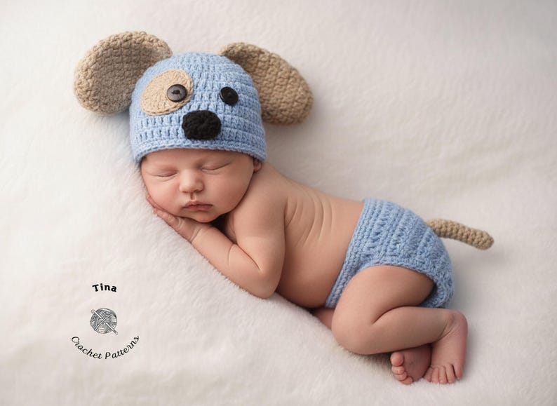 CROCHET PATTERN - Baby Puppy Costume, Dog Photo Prop, 1st Halloween, Shower Gift, Sizes 0-12 Months