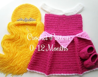 CROCHET PATTERN Baby Princess Outfit: Wig Hat, Dress, Shoes, Photo Prop, Halloween Costume, Shower Gift, English PDF | Sizes 0–12 Months