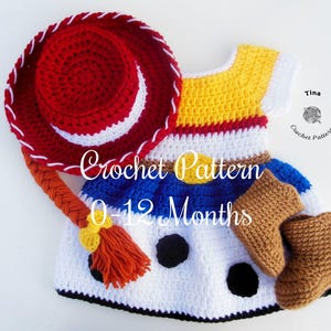 May include: Crochet pattern for a baby outfit, featuring a red and white cowboy hat, a yellow, white, and blue dress, and brown boots. The outfit is designed for babies aged 0-12 months. The text "Crochet Pattern 0-12 Months" is visible.