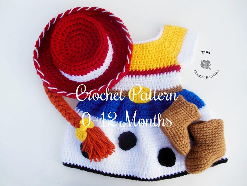 May include: Crochet pattern for a baby outfit, featuring a red and white cowboy hat, a yellow, white, and blue dress, and brown boots. The outfit is designed for babies aged 0-12 months. The text "Crochet Pattern 0-12 Months" is visible.