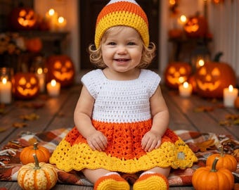 CROCHET PATTERN - Baby Candy Corn Outfit, Photo Prop, Halloween Costume, Shower Gift, Sizes 0-12 Months