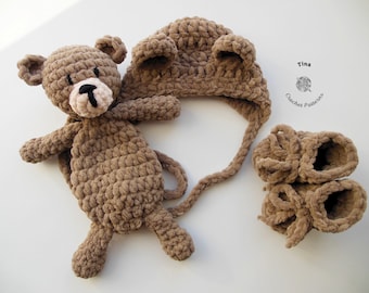 CROCHET Bear PATTERN - Bear Baby Bonnet, Booties and Toy Set | Easy Crochet Pattern | Bear Photo Prop | Sizes Newborn - 12 months