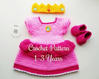CROCHET PATTERN Baby Princess Peach Outfit: Crown, Dress, Shoes, Photo Prop, Halloween Costume, Shower Gift, PDF Download | Sizes 1–3 Years