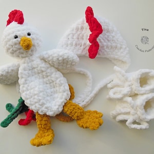 CROCHET Chicken PATTERN - Chicken Baby Bonnet, Booties and Toy Set | Easy Crochet Pattern | Chicken Photo Prop | Sizes Newborn - 12 months