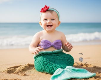 PATRÓN DE GANCHILLO: Traje de sirena para bebé: diadema, top, cola, accesorio para fotos, disfraz de Halloween, regalo para baby shower, PDF en inglés / Tallas 0 a 12 meses