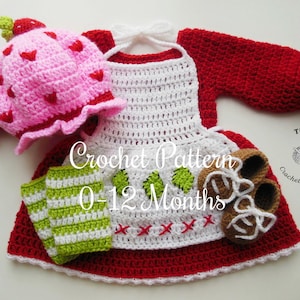 MOTIF AU CROCHET Tenue d'anniversaire de bébé aux fraises : chapeau, robe, chaussures, accessoire photo, costume d'Halloween, cadeau de douche, PDF | Tailles 0-12 mois
