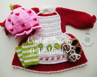 CROCHET PATTERN Baby Strawberry Birthday Outfit: Hat, Dress, Shoes, Photo Prop, Halloween Costume, Shower Gift, PDF | Sizes 0–12 Months