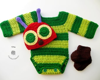 CROCHET PATTERN Caterpillar Halloween Costume Baby Hat Romper Booties  Outfit PDF in English Sizes 0–12 Months