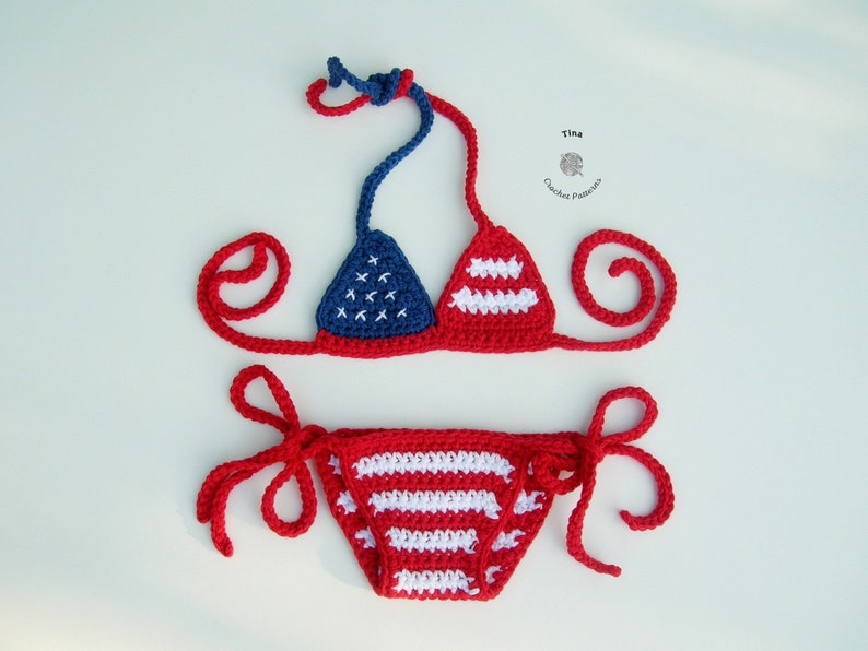 CROCHET PATTERN Patriotic Baby Bikini Swimsuit Crochet Striped Bikini Baby Girl Photo Prop Sizes 0 12 months image 2